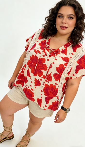 Picture of LOOSE VISCOSE BLOUSE LACE UP COLLAR, PERFECT FOR SUMMER